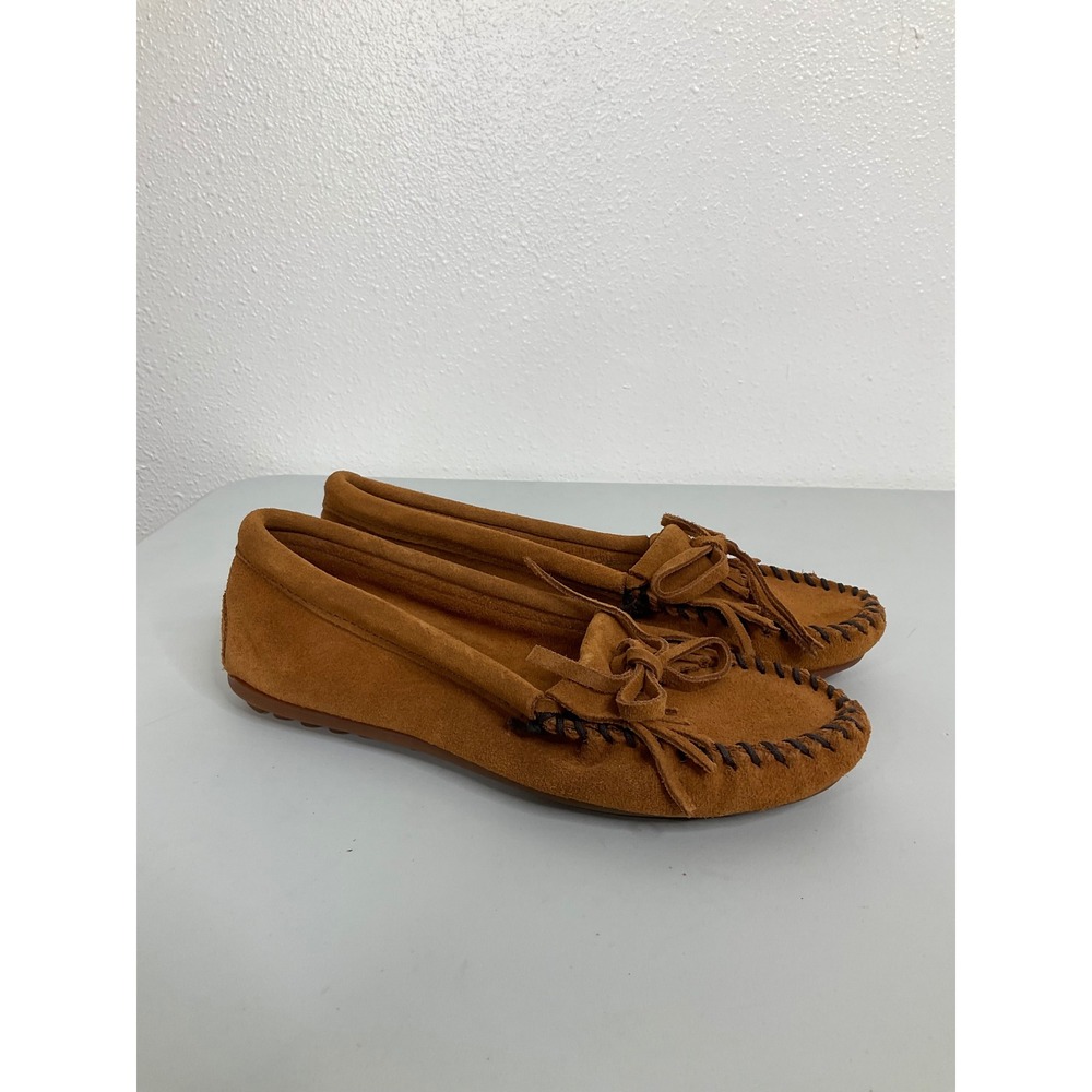 Minnetonka Kilty Suede Moccasins Tan Brown Fringe Flats 402W Size 6